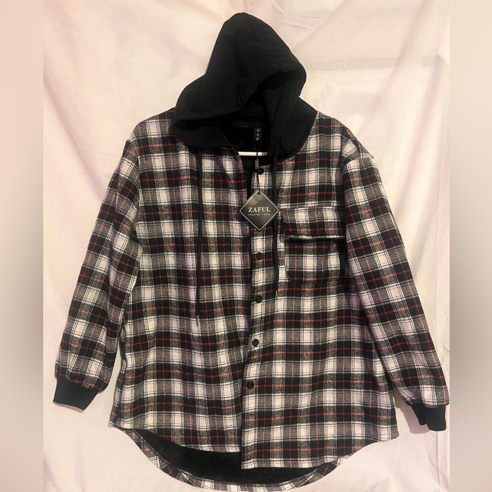 Zaful Shacket Plaid Fuzzy Fluffy Comfy Button Up Jacket Hoodie Coat Sherpa